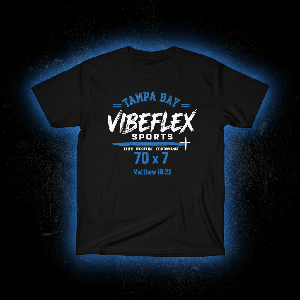 VibeFlex Sports Faith Edition Tee — 70x7 Matthew 18:22 cobalt blue graphic on black performance crew neck
