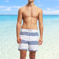 Mens Swim Trunks Stretch Water Beach Shorts with Compression Liner 2 in 1 Quick-Dry Swimming Shorts with Zipper Pockets, Blue White Stripes, M