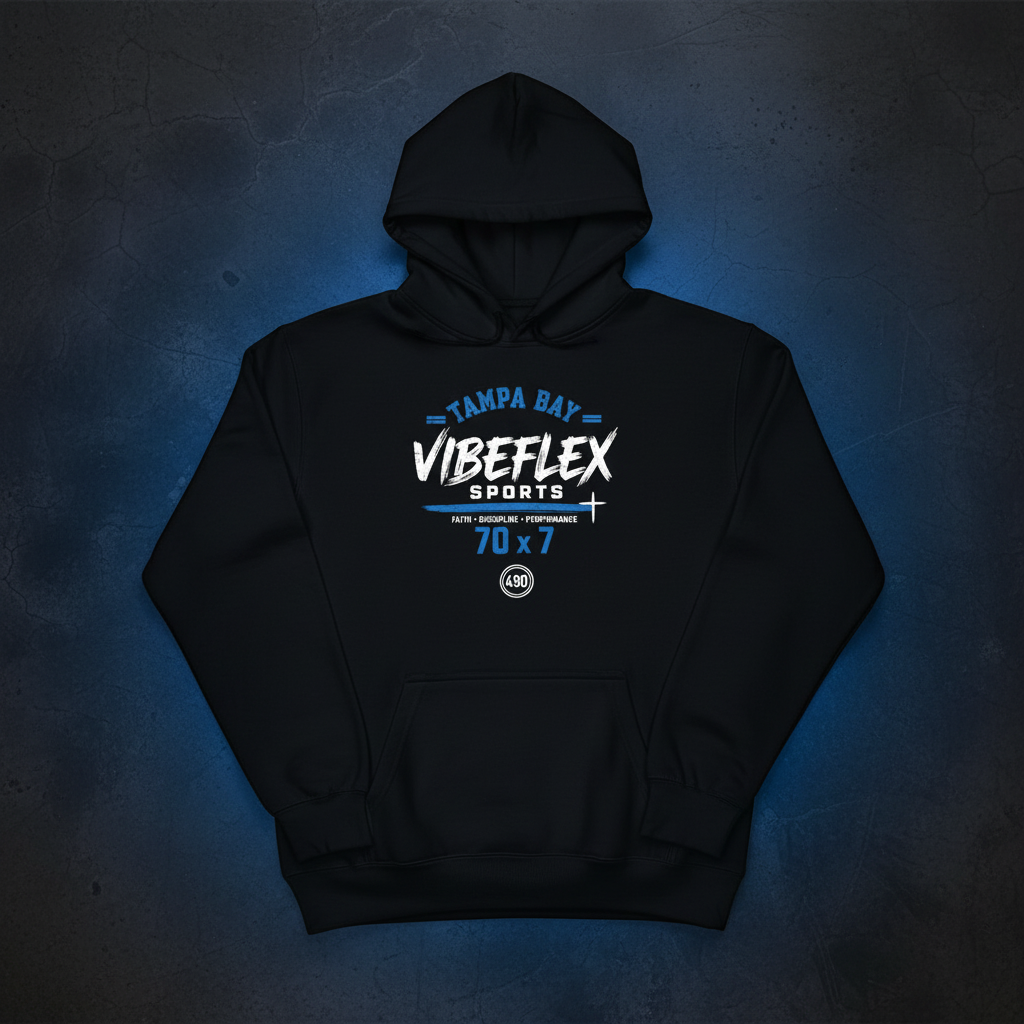 VibeFlex Sports 490 Tampa Edition Pullover Hoodie — black with cobalt blue Tampa Bay x 70x7 graphic