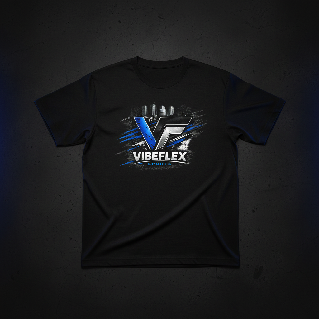 VibeFlex Sports Original Graphic Performance Tee — electric cobalt blue logo on black