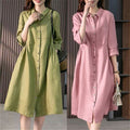 BZ Summer new Korean loose solid color cotton and linen three-quarter sleeve dress women's medium-length shirt dress