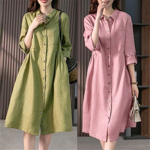 BZ Summer new Korean loose solid color cotton and linen three-quarter sleeve dress women's medium-length shirt dress