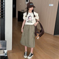 D346 Girls suspender dress suit summer 2025 new fashion girl big girl short-sleeved T-shirt cotton skirt two-piece suit