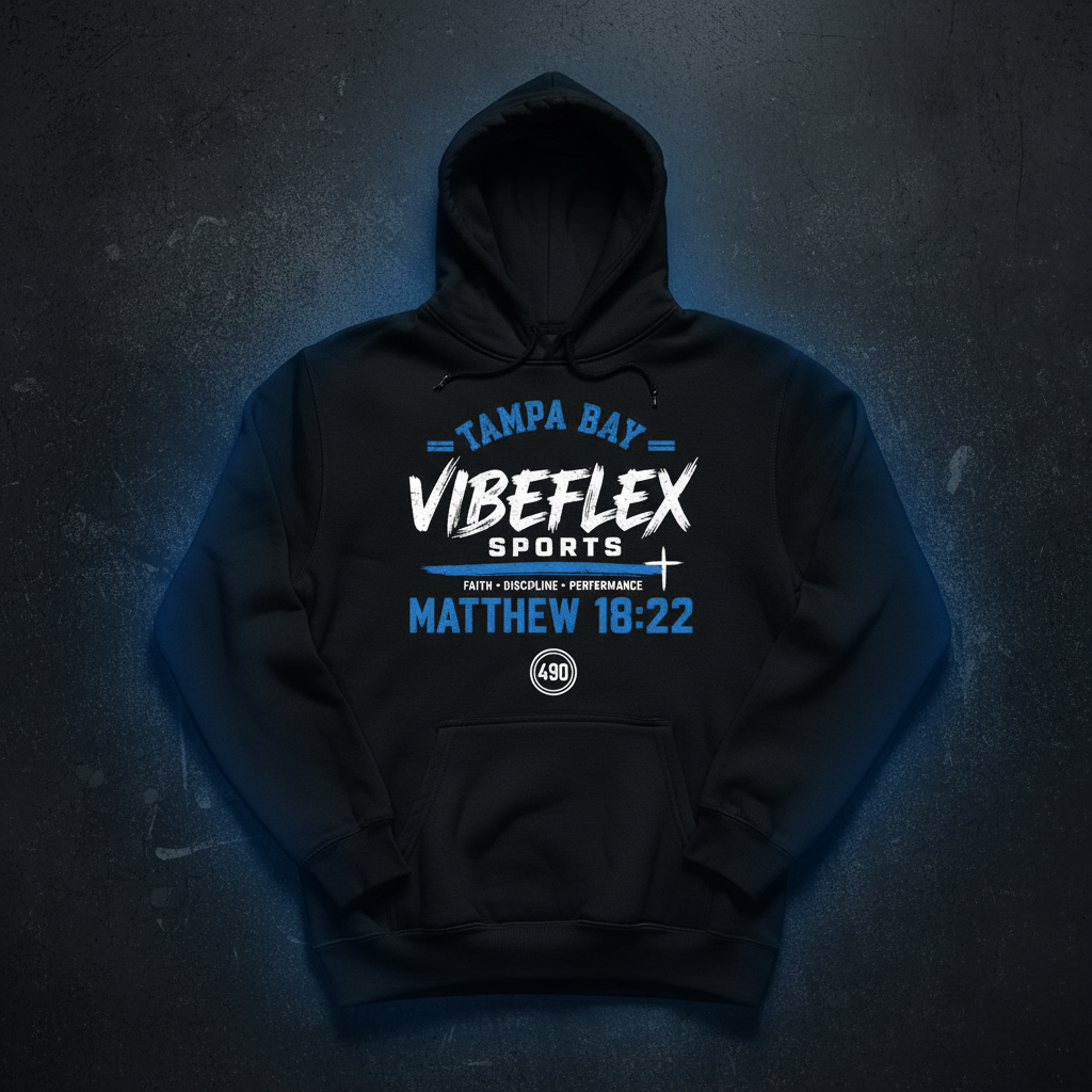 VibeFlex Sports Faith Edition Hoodie — 70x7 Matthew 18:22 cobalt blue graphic on black pullover hoodie