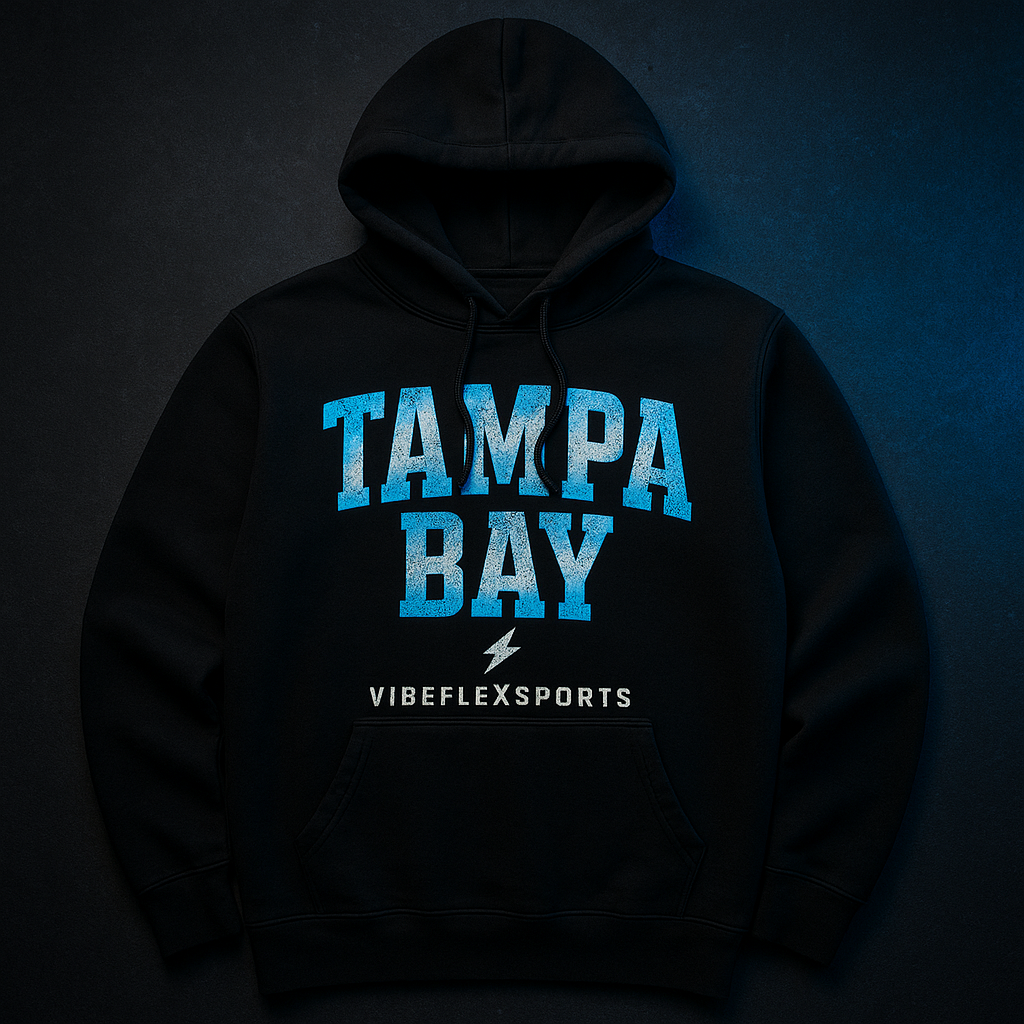 VibeFlex Sports Tampa Bay Edition Hoodie — 490 Movement cobalt blue graphic on black pullover