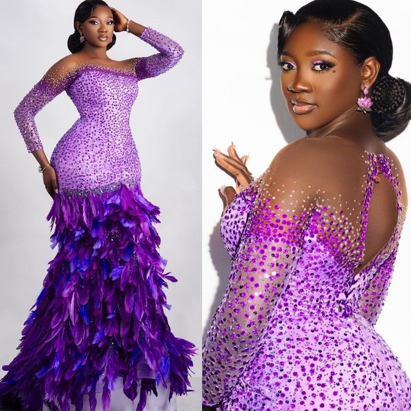 Purple Mermaid Prom Dresses 2025 Crystals Sequined Feather Luxurious Evening Formal Party Second Birthday Engagement Gowns Plus Size Dress For Special Occasions