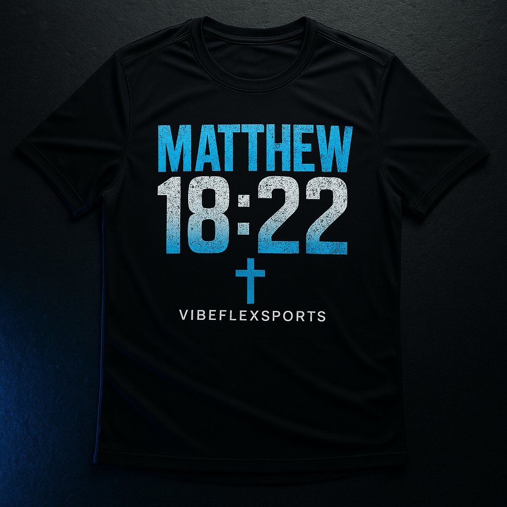 VibeFlex Sports Matthew 18:22 Edition Tee — 70x7 cobalt blue distressed graphic on black performance tee