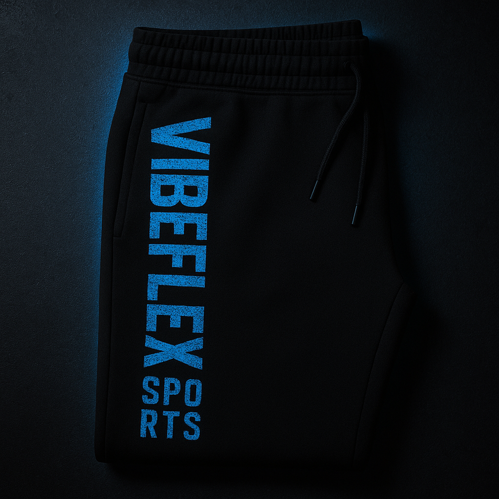VibeFlex Sports 490 Tampa Edition Joggers — black tapered fleece joggers with cobalt blue 490 graphic