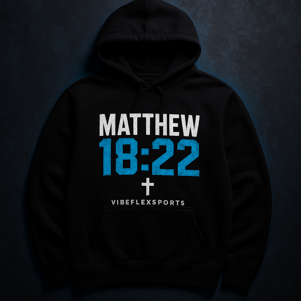 VibeFlex Sports Matthew 18:22 Edition Hoodie — 70x7 cobalt blue distressed graphic on black pullover