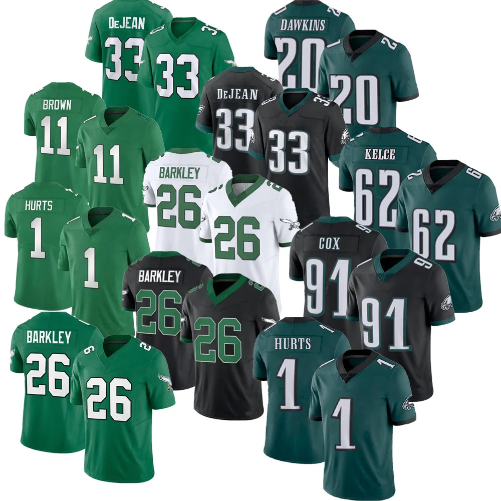 USA Football Jerseys 26 Saquon Barkley 1 Jalen Hurts 33 DeJean 11 Brown 62 Kelce 6 Smith Stitched Jersey Shirts Tops Kelly Gr
