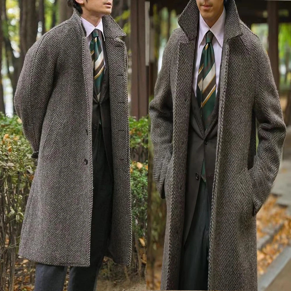 Wool blend Thick Men's Autumn Winter Coat Italian retro herringbone Man Long Suit Jacket Men's long Blazer
