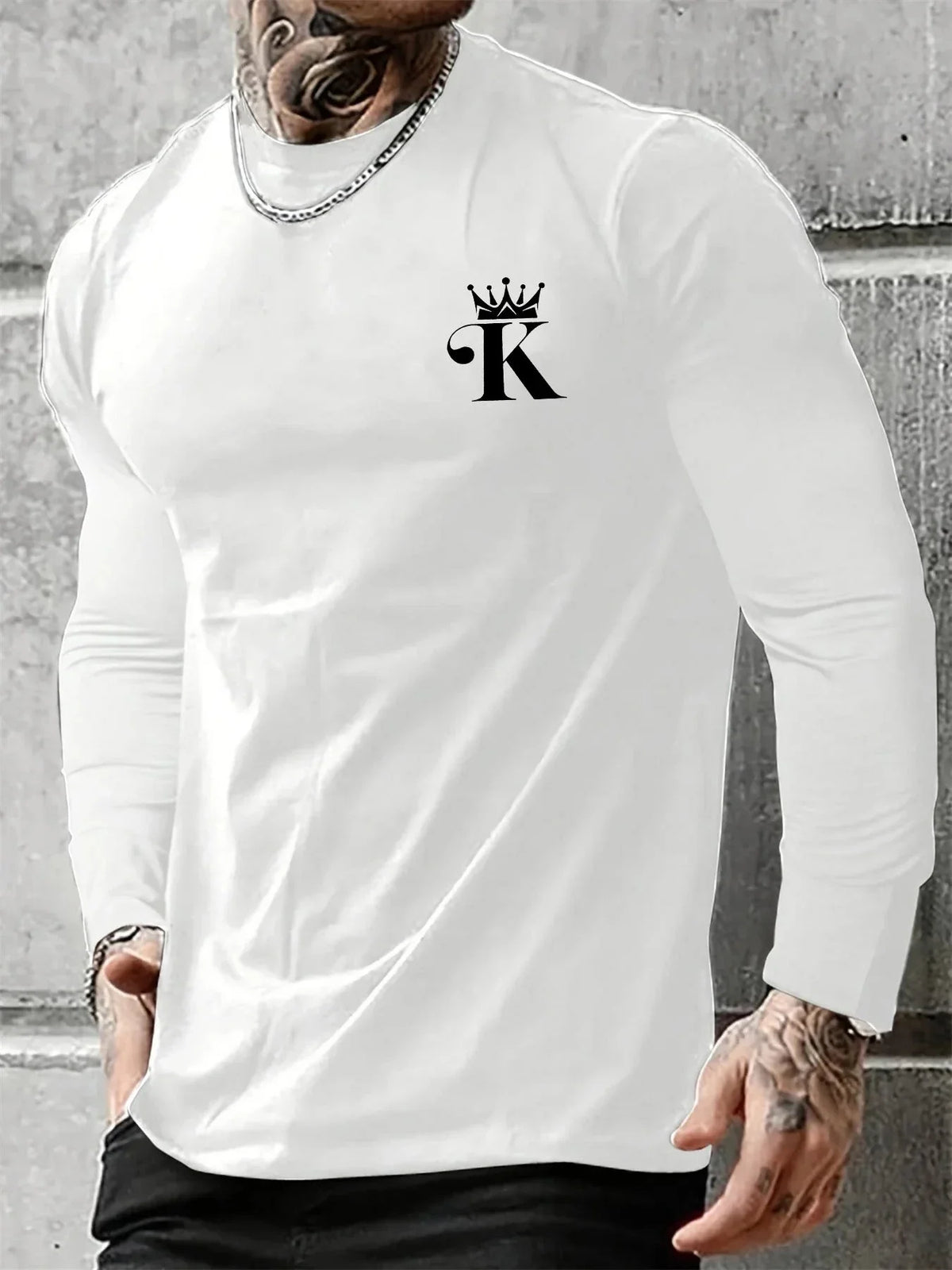 Men's 100% pure cotton loose fit comfortable sports and leisure letter K king printed round neck long sleeved T-shirt top VibeFlex Sports