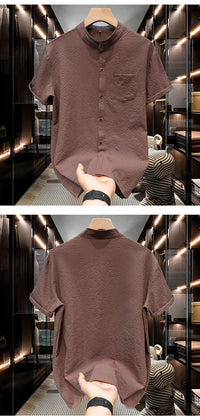 M-5XL Summer Men's Shirt Short Sleeved with Bubble Gauze Textured Fabric Thin Quick Drying Stand Up Collar Short Sleeved Shir