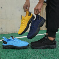 Men's Bright Yellow Outdoor Sneakers Breathable Mesh Construction Shock Absorbing Sports Shoes Stylish Trendy Adventure Footw