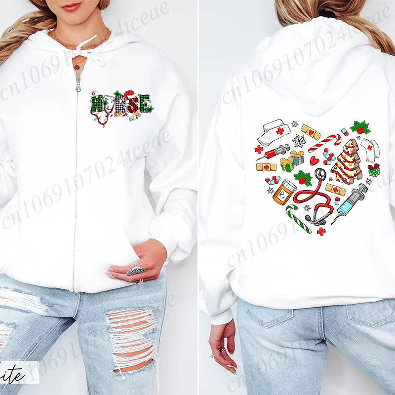 Nurse Christmas Hooded Jackets Fashion Women Personalized Warm Hoodies Casual Zipper Streetwear Christmas Nursing Sweatshirts