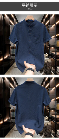 M-5XL Summer Men's Shirt Short Sleeved with Bubble Gauze Textured Fabric Thin Quick Drying Stand Up Collar Short Sleeved Shir
