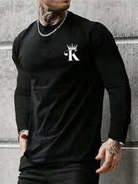 Men's 100% pure cotton loose fit comfortable sports and leisure letter K king printed round neck long sleeved T-shirt top VibeFlex Sports