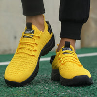 Men's Bright Yellow Outdoor Sneakers Breathable Mesh Construction Shock Absorbing Sports Shoes Stylish Trendy Adventure Footw
