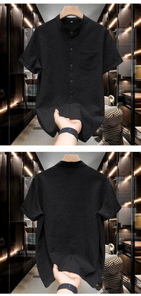 M-5XL Summer Men's Shirt Short Sleeved with Bubble Gauze Textured Fabric Thin Quick Drying Stand Up Collar Short Sleeved Shir