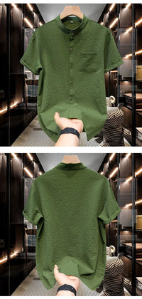 M-5XL Summer Men's Shirt Short Sleeved with Bubble Gauze Textured Fabric Thin Quick Drying Stand Up Collar Short Sleeved Shir