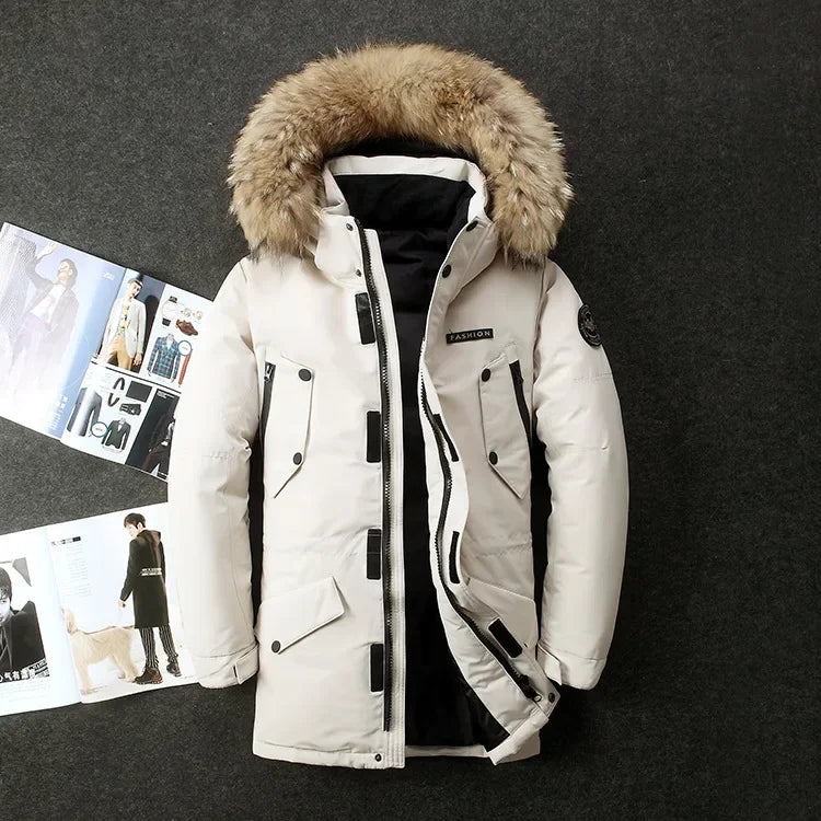 Men's Winter Jacket Fur Hood Thick White Duck Down Coats Men Mid-Length Outdoor Puffer Jackets Jaqueta Masculina Inverno JK-0