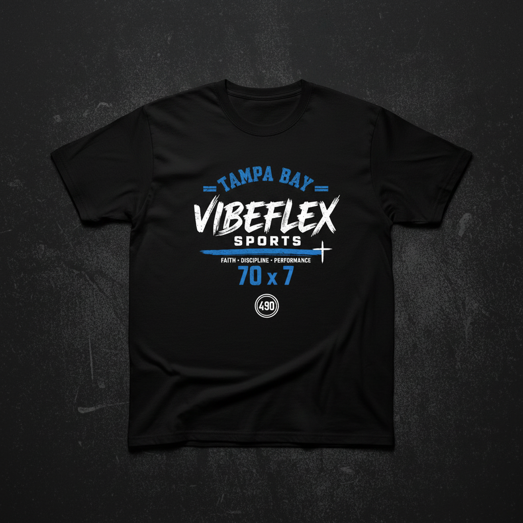 VibeFlex Sports 490 Tampa Edition Performance Tee — black with cobalt blue Tampa Bay x 70x7 graphic