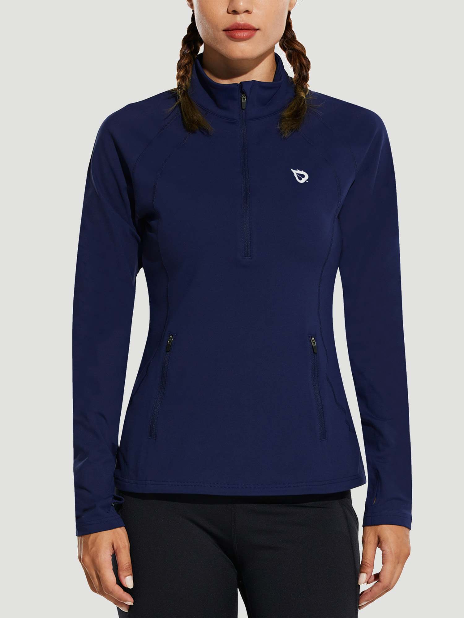 Women's Brushed Half-Zip Pullover Running Top - Navy Blue / M