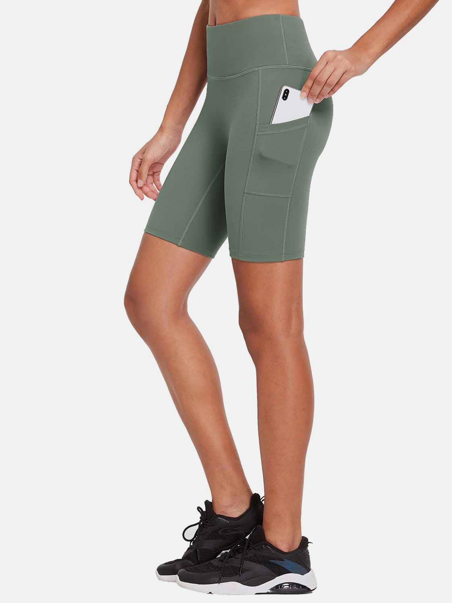 Women's 8" High-Waisted Compression Biker Shorts with Side Pockets - Light Green / 2XL