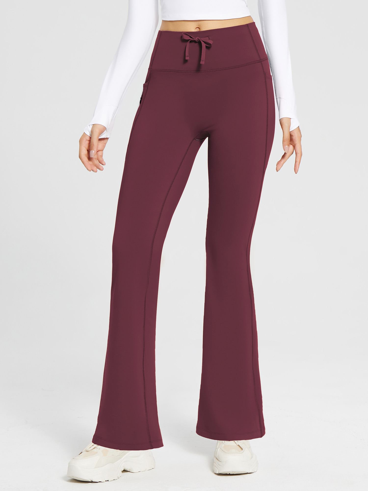 High-Waist Fleece-Lined Drawstring Flare Pants - Wine Red / 3XL