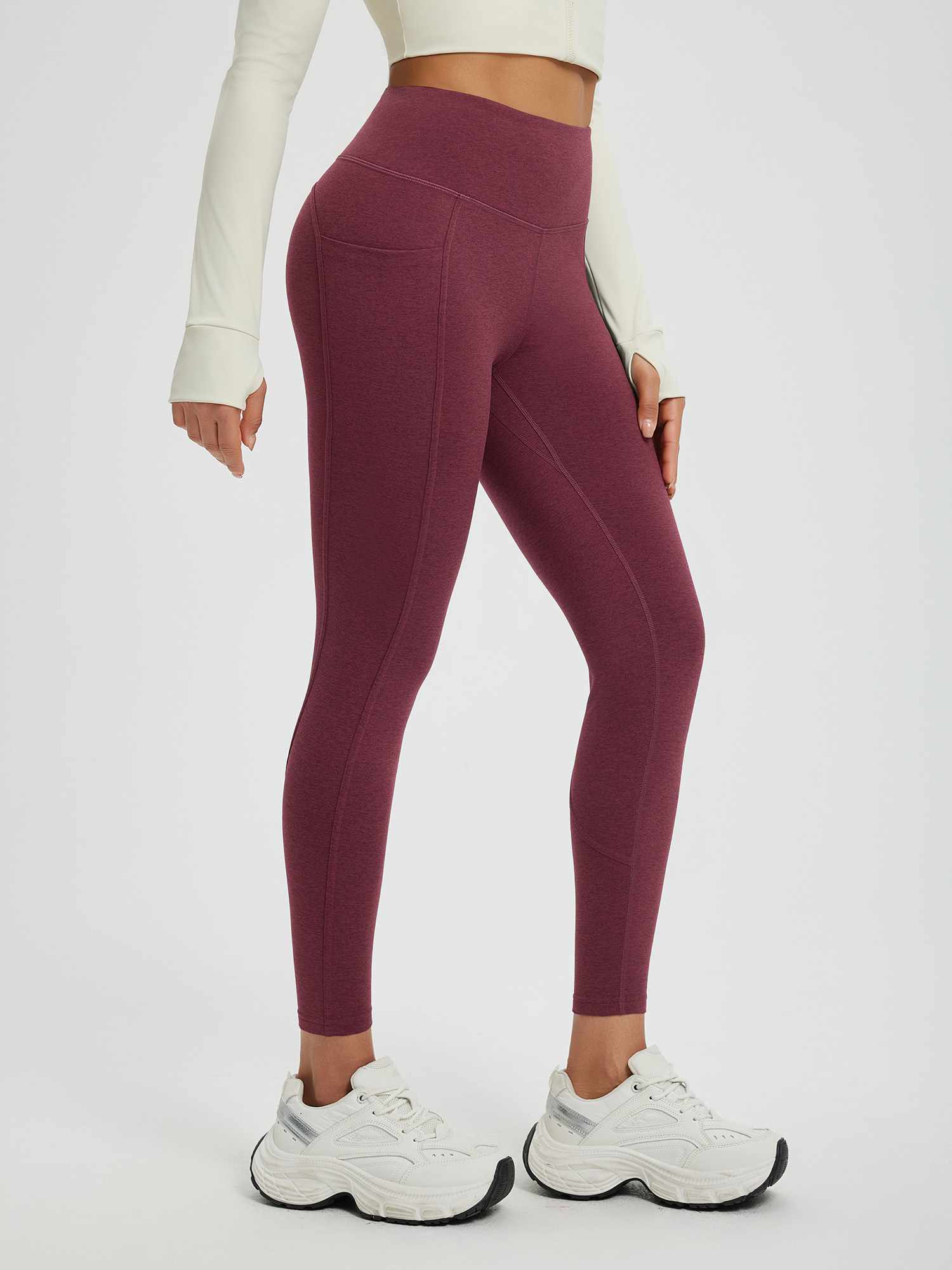 Women’s Yoga Floral Fleece High-Waisted Leggings - Wine Red / XL
