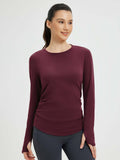 Side-Ruched Long-Sleeve Yoga Top - Wine Red / XS