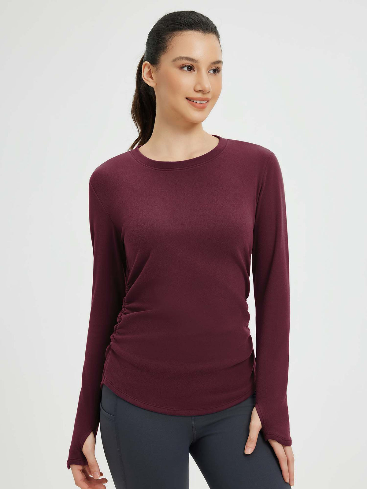 Side-Ruched Long-Sleeve Yoga Top - Wine Red / XS
