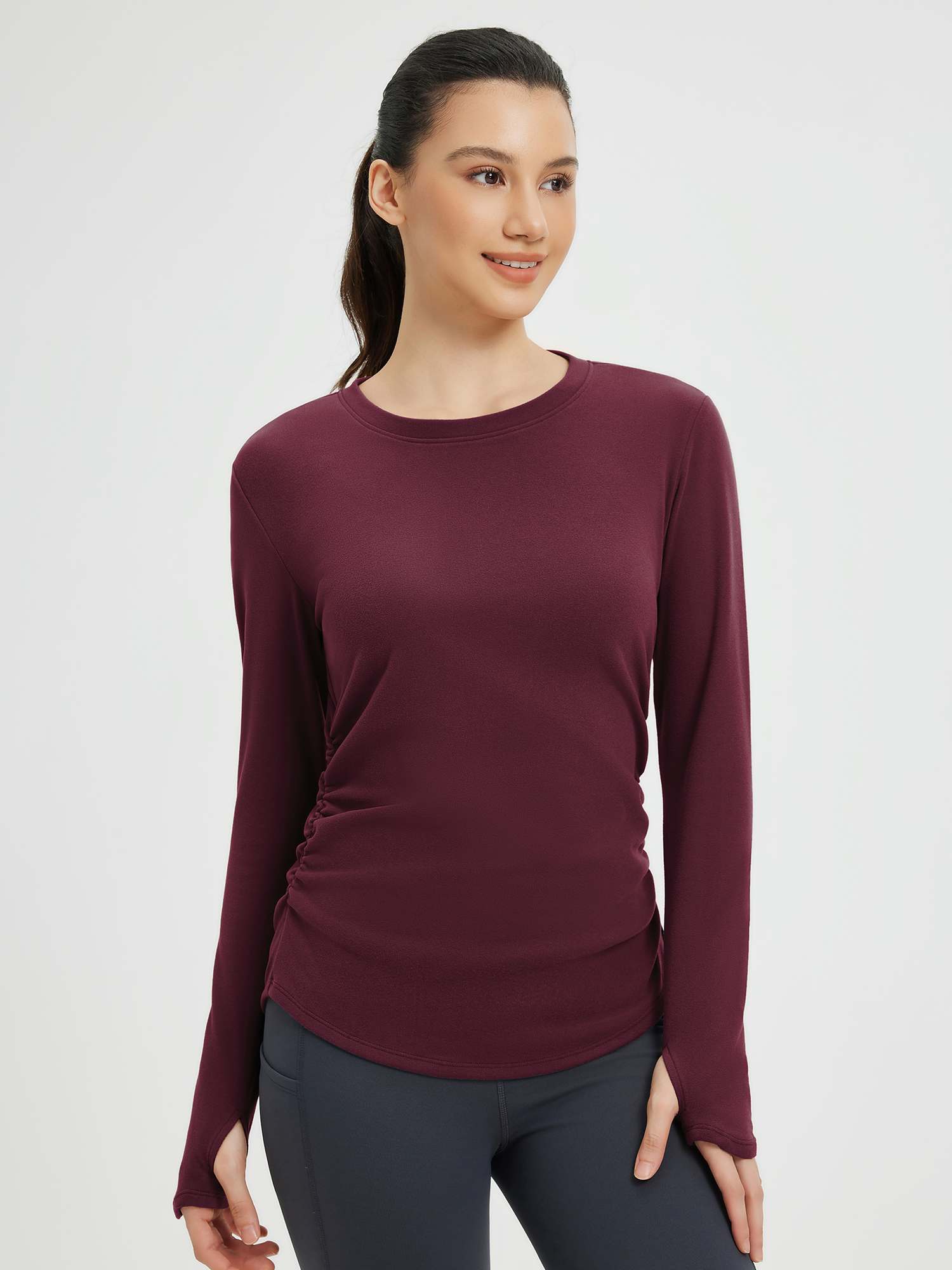 Side-Ruched Long-Sleeve Yoga Top - Wine Red / XS