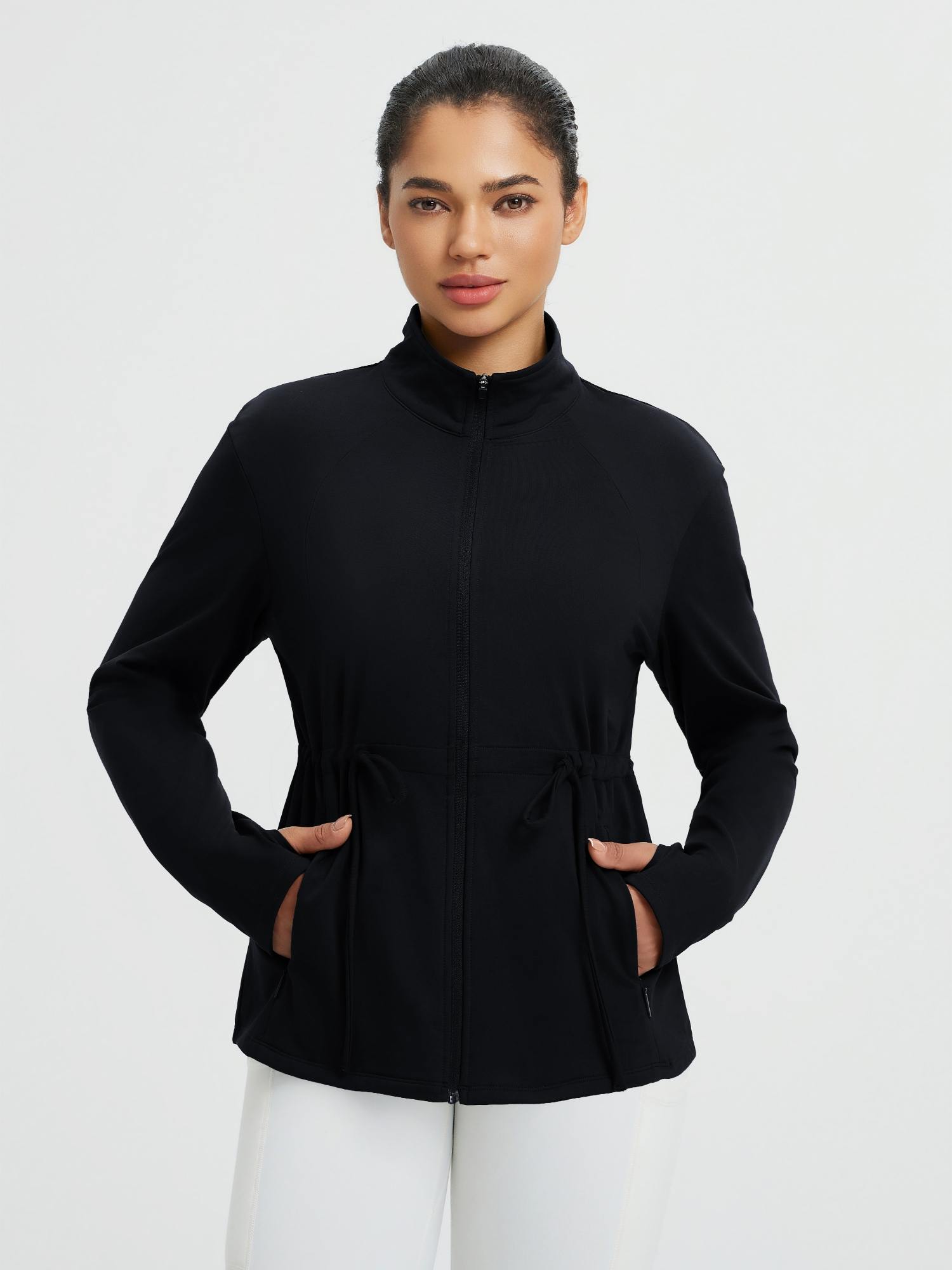 Women’s Yoga Drawstring-Waist Fleece Hoodless Jacket - Black / 3XL
