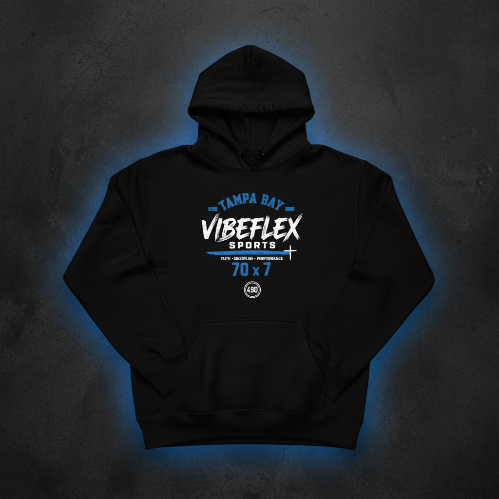 VibeFlex Sports Tampa Bay Edition Hoodie — 490 Movement cobalt blue graphic on black pullover hoodie