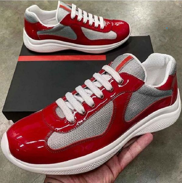 Out Men Fashion AmericaS Cup Sneakers Blue Black Patent Leather Flat Shoes Mesh Lace-up Casual Trainers Outdoor Runner Shoe footwear Box euro 38-45