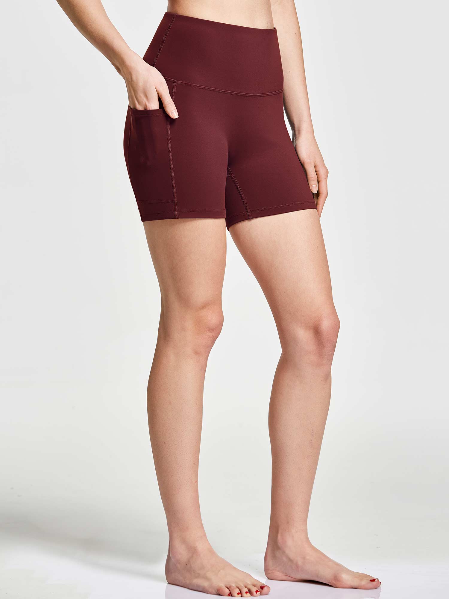 Women's 5" High-Waisted Compression Biker Shorts with Side Pockets - Wine Red / XS
