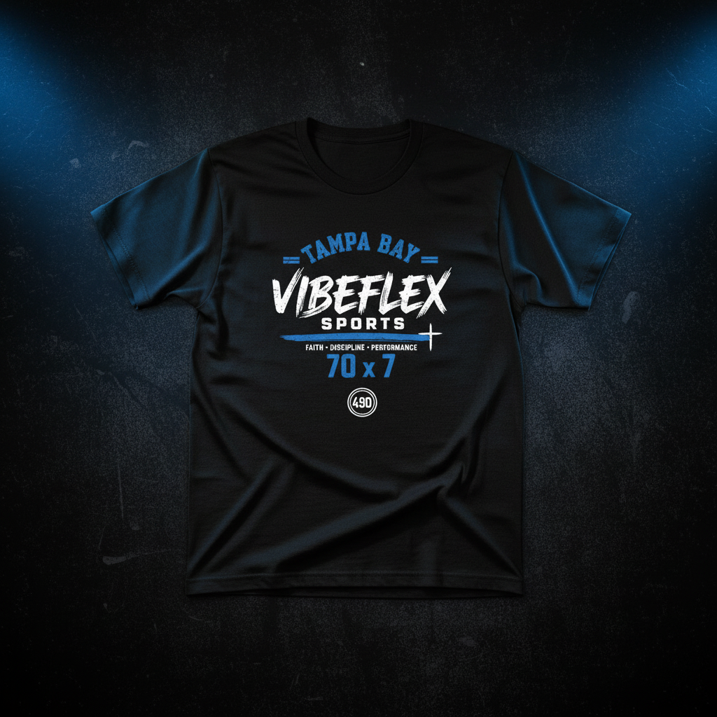 VibeFlex Sports Tampa Bay Edition Tee — 490 Movement cobalt blue graphic on black performance crew neck