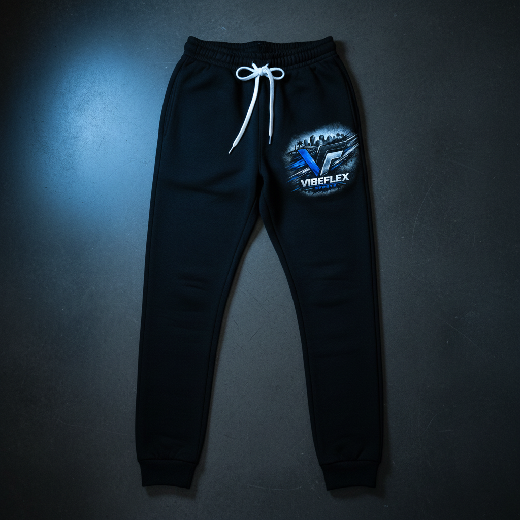 VibeFlex Sports 490 Tampa Edition Joggers — Black tapered fleece with cobalt blue VibeFlex graphic on left thigh