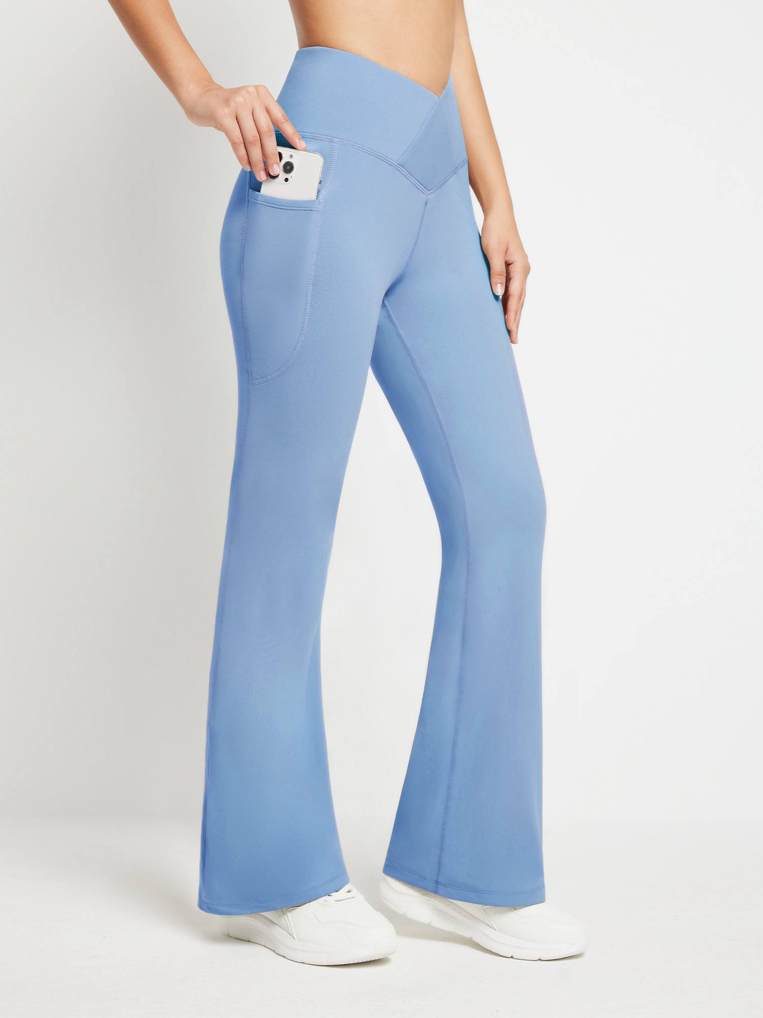 Crossover Waist Fleece Flare Pants - Light Blue / 3XL