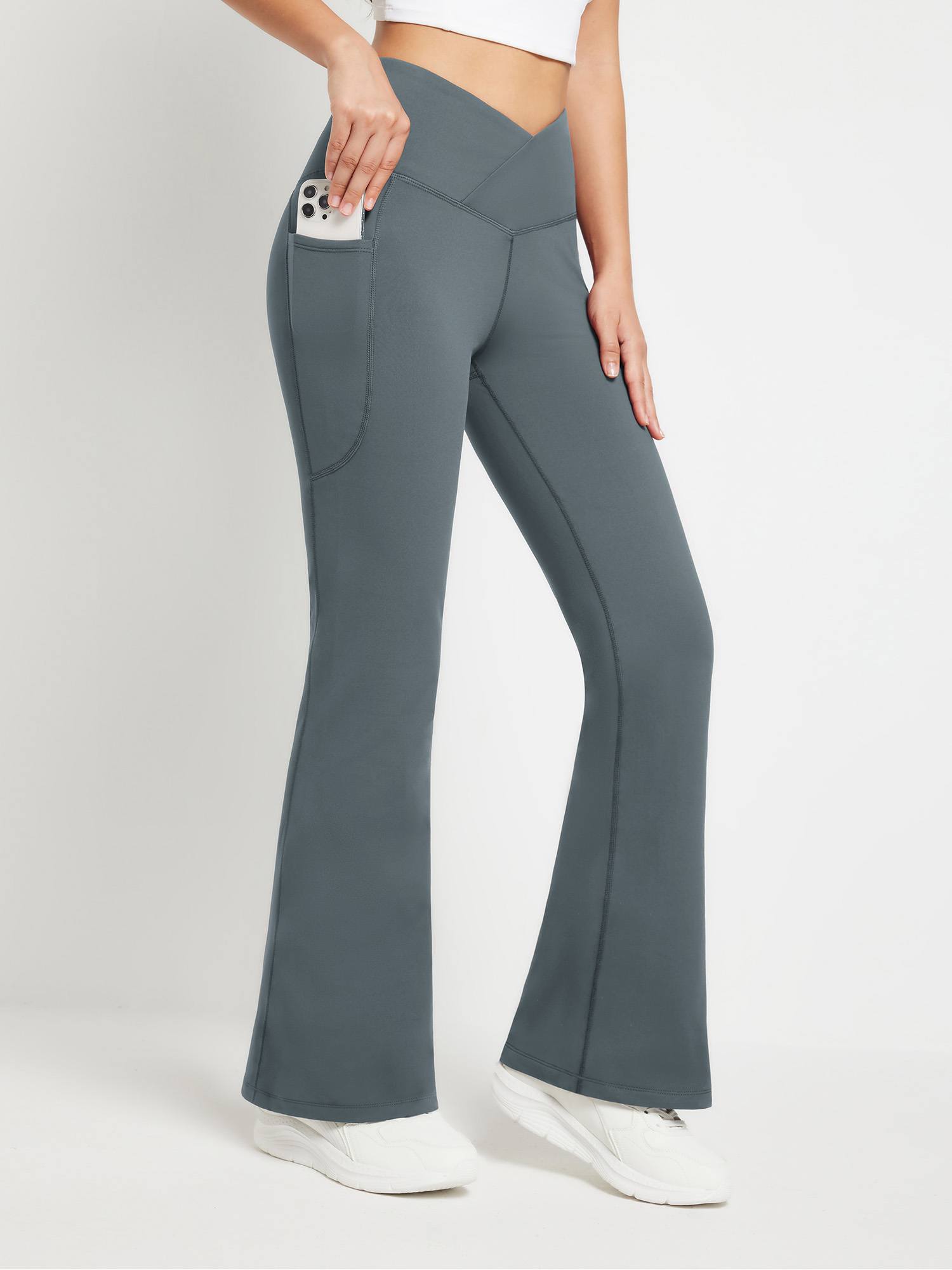 Crossover Waist Fleece Flare Pants - Dark Gray / XL