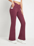 Crossover Waist Fleece Flare Pants - Wine Red / 3XL