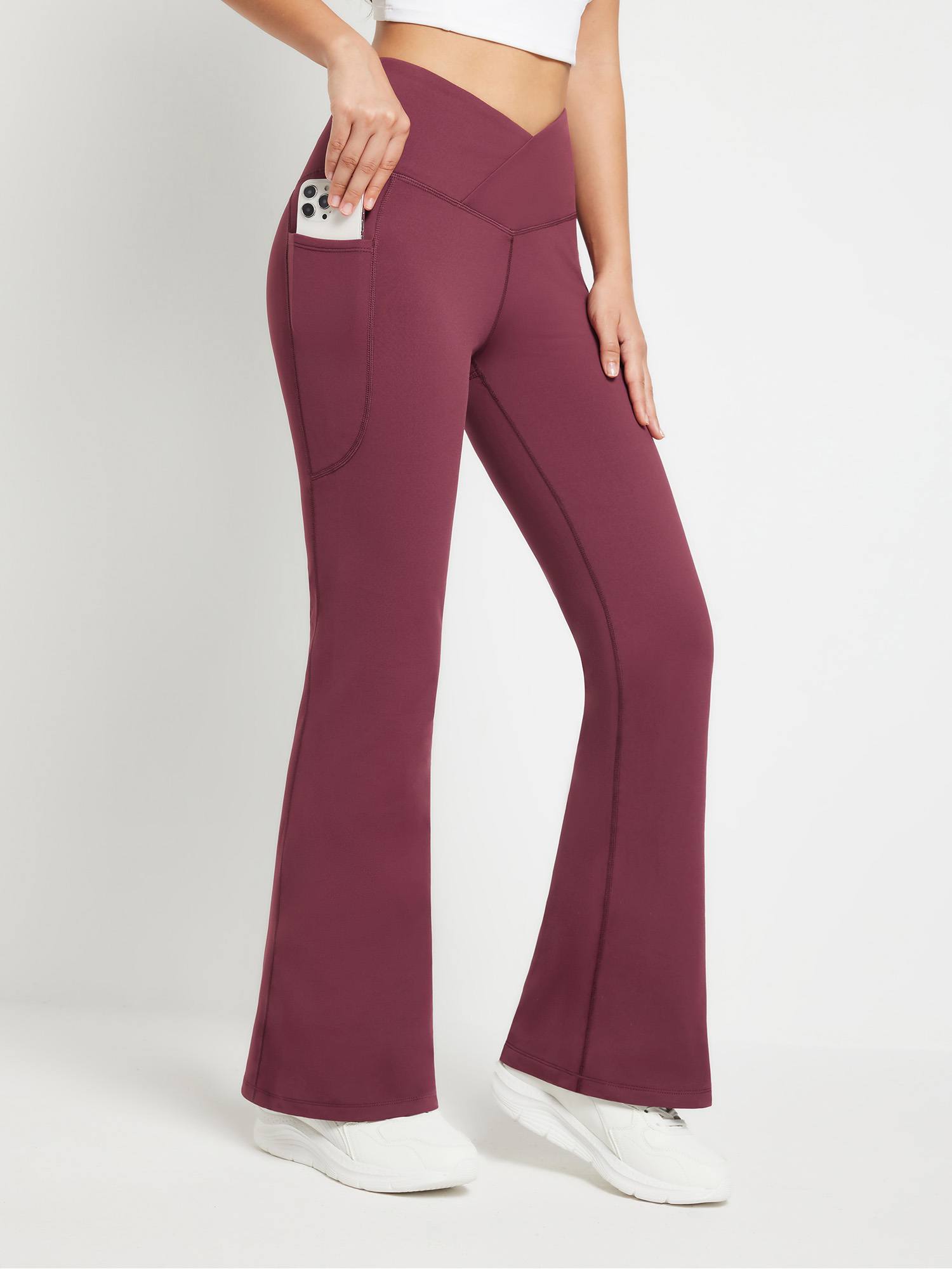 Crossover Waist Fleece Flare Pants - Wine Red / 3XL