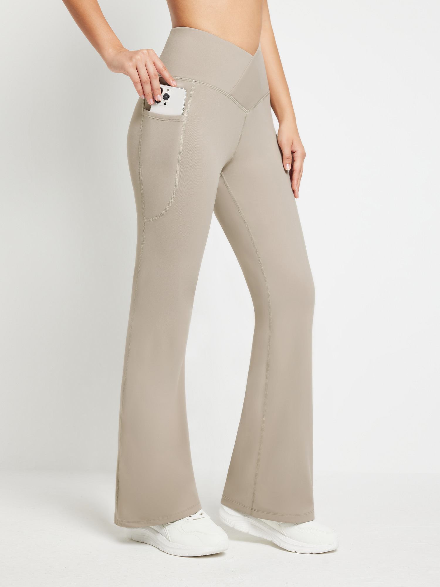 Crossover Waist Fleece Flare Pants - Khaki / S