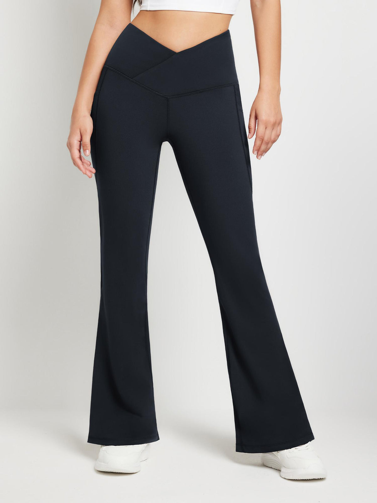 Crossover Waist Fleece Yoga Flare Pants - Black / 2XL