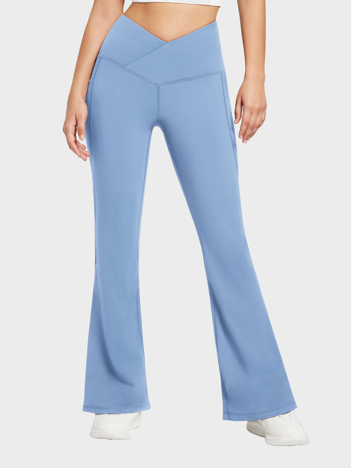 Crossover Waist Fleece Yoga Flare Pants - Light Blue / 2XL