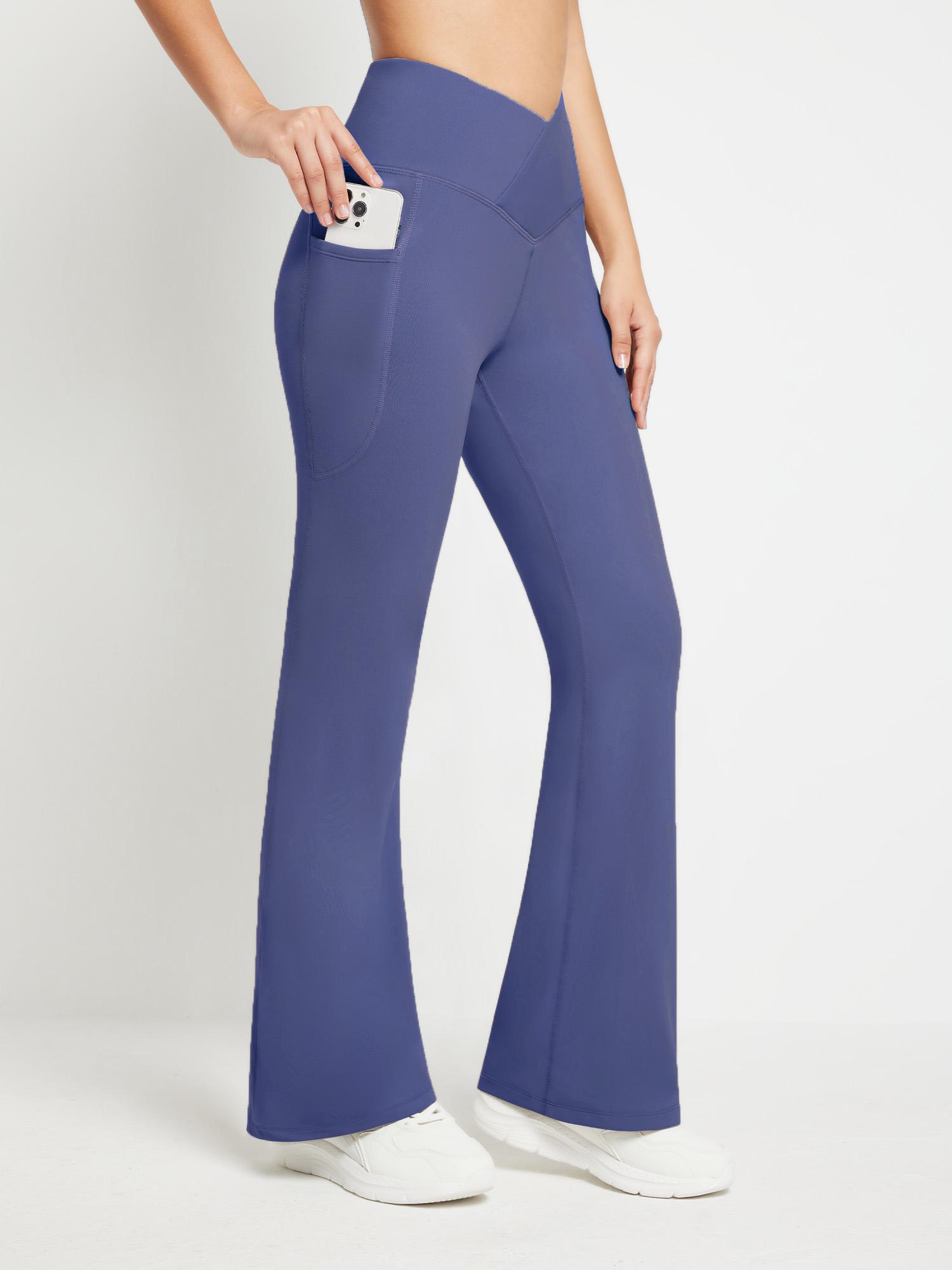 Crossover Waist Fleece Yoga Flare Pants - Navy Blue / S