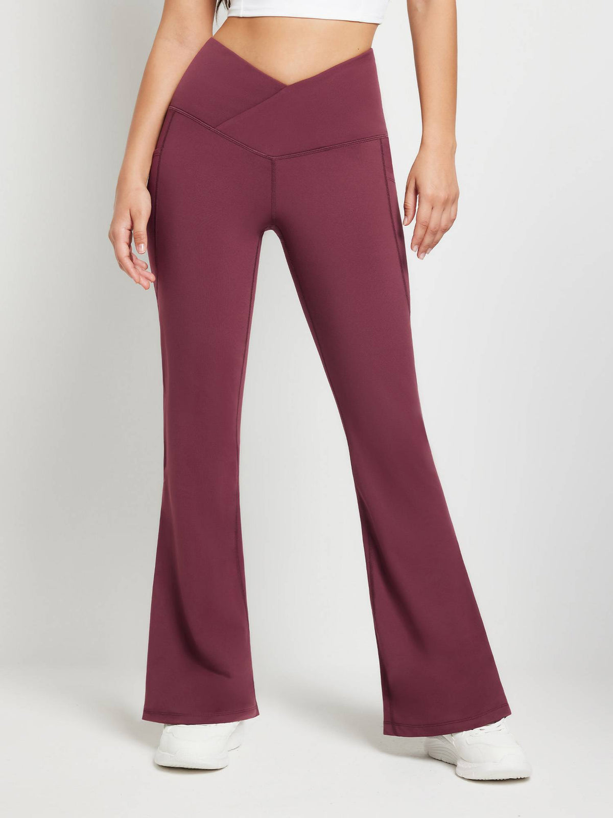Crossover Waist Fleece Yoga Flare Pants - Wine Red / 2XL