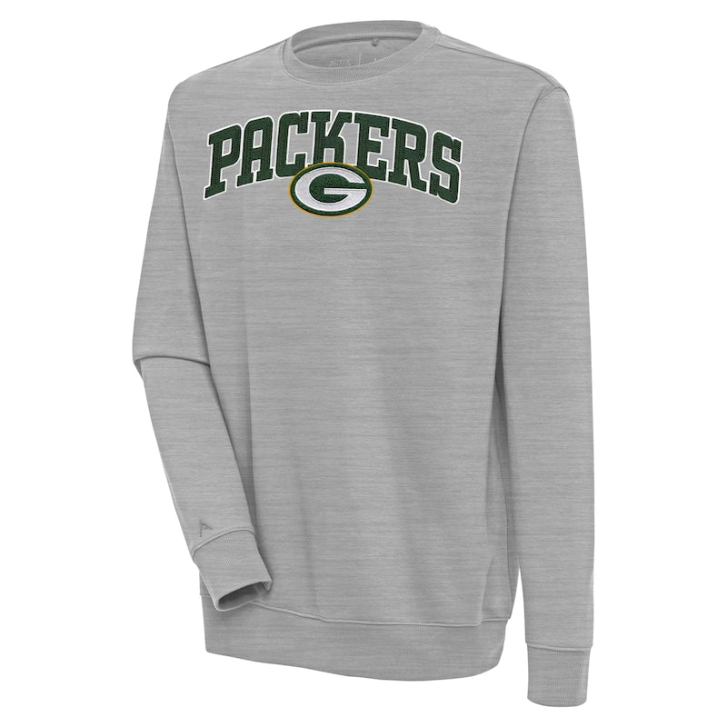 Men's Antigua  Heather Gray Green Bay Packers Victory Chenille Pullover Sweatshirt