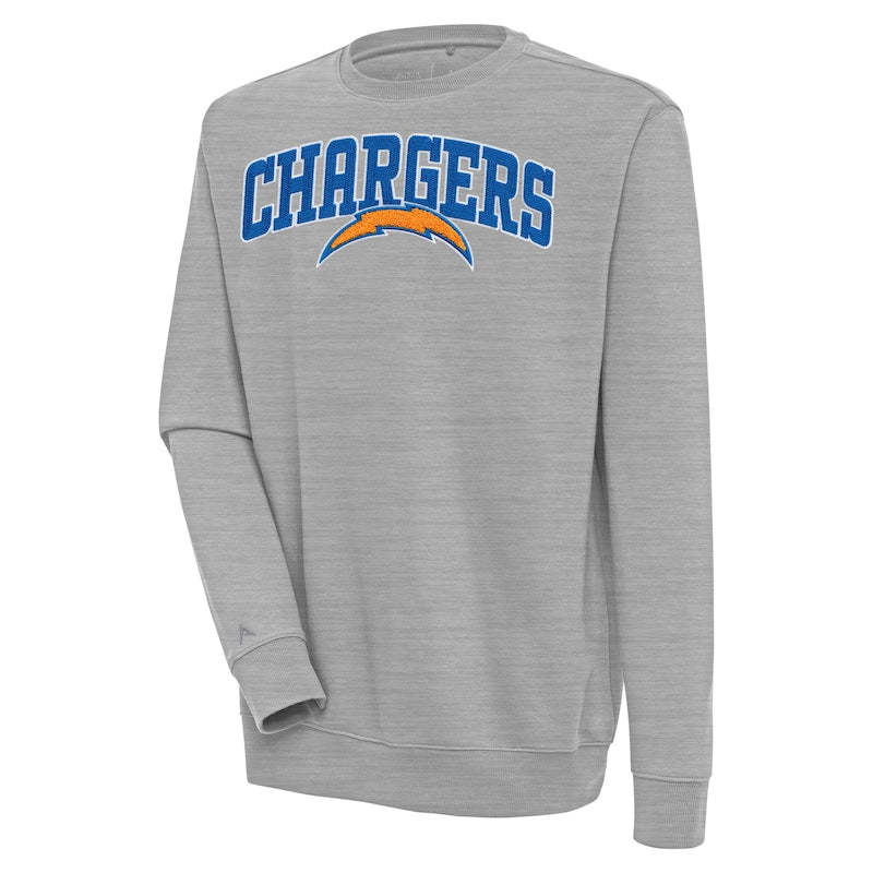 Men's Antigua  Heather Gray Los Angeles Chargers Victory Chenille Pullover Sweatshirt
